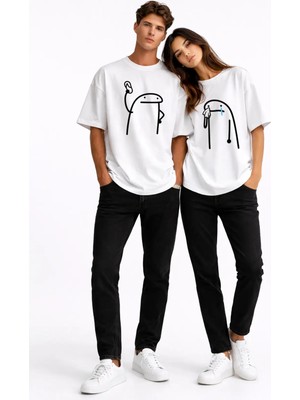 Mondschein Komik Terlik Fırlatan Çöp Adam Çift Tişörtü Oversize Unisex Sevgili Kombini Baskılı Beyaz Tişört