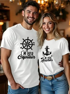 Mondschein Sevgili Kombini Çift Tişört Captain Anchor Baskılı Oversize Unisex Çift Kombin Tişört Seti