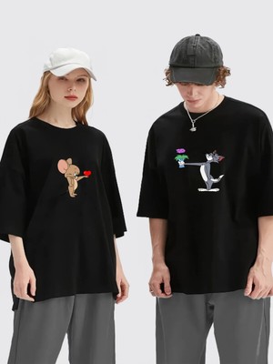 Mondschein Unisex Kadın Erkek Tom ve Jerry Baskılı Sevgili Çift Kombini Tasarım Oversize T-Shirt 2'li Set