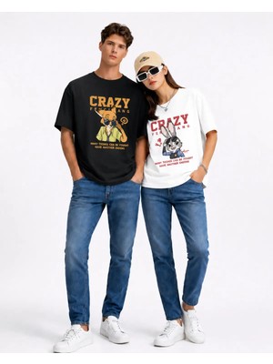 Mondschein Sevgili Kombin Tişörtü Crazy Bunny Couple Baskılı Unisex Oversize %100 Pamuk Tişört Seti