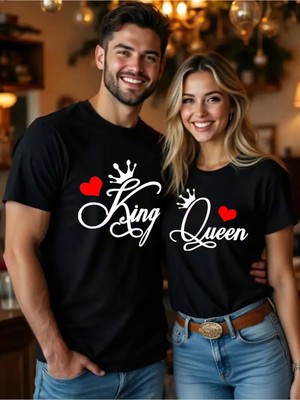 Mondschein Sevgili Kombini King Queen Baskılı Oversize Çift Tişört Seti Unisex Matching Couple Tshirt Çift