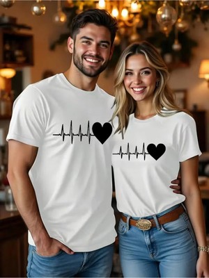 Mondschein Kalp Ritmi Temalı Sevgili Kombini Çift Tshirt Oversize Unisex Romantik Çift