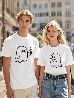 Mondschein Sevgili Kombin Tişörtü Hayalet Baskılı Çift Kombini Unisex Oversize %100 Pamuk Tişört Seti