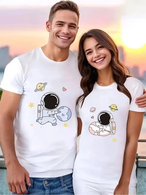 Mondschein Evgili Kombini Çift Tişört Oversize Unisex Astronot Baskılı Çift Kombin Sevgili Tişört Seti