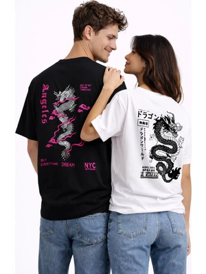 Mondschein Sevgili Kombini Dragon Baskılı Çift Tişört Oversize Unisex Street Partner Kombin Seti