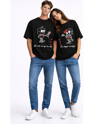 Mondschein Sevgili Kombini Robot Baskılı Çift Tişört Oversize Unisex Partner Kombin Seti