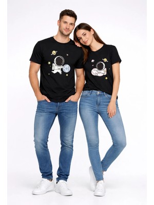 Mondschein Sevgili Kombini Astronot Baskılı Çift Tişört Oversize Unisex Partner Tişört 2’li Set