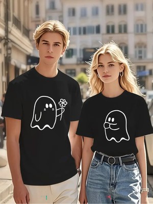 Mondschein Sevgili Kombin Tişörtü Hayalet Baskılı Çift Kombini Unisex Oversize %100 Pamuk Tişört Seti