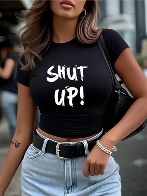 Mondschein Kadın Crop Baby Tee Shut Up Baskılı Dar Kesim %100 Pamuk Y2K Streetwear Tişört