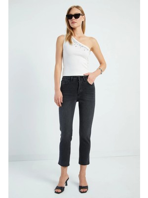 FullaModa Fermuarlı Paçası Kesik Mom Jean