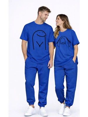 Mondschein Sevgili Kombini Çift Tişört Oversize Unisex Matching Couple Minimal Çizim Tasarım Çift Kombin Seti