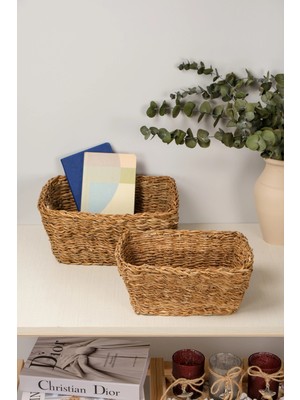 Avantage Home Lorena- 2 Li Naturel Dekoratif Kulplu Hasır Çok Amaçlı Sepet Seti, Havluluk, Banyo Organizer