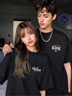 Mondschein King Queen Sevgili Tişört Kombini Unisex Çift Tişört Seti %100 Pamuk Couple T-Shirt