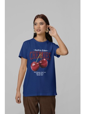 Mondschein Unisex Erkek/kadın Cherrıes Özel Baskılı Oversize Pamuklu Bisiklet Yaka T-Shirt