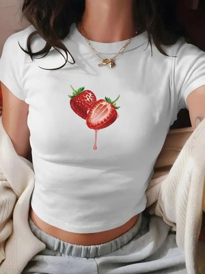Mondschein Kadın Crop Baby Tee Çilek Baskılı Dar Kesim %100 Pamuk Y2K Estetik Tişört