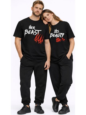 Mondschein Sevgili Kombini Her Beast His Beauty Oversize Çift Tişört Unisex Partner Couple Kombin Seti