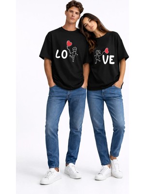 Mondschein Sevgili Kombini Love Baskılı Çift Tişört Oversize Unisex Partner Kombin Seti