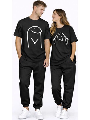 Mondschein Sevgili Kombini Çift Tişört Oversize Unisex Matching Couple Minimal Çizim Tasarım Çift Kombin Seti
