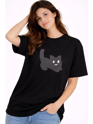 Mondschein Unisex Oversize Tişört Kedi Baskılı Minimal Tasarım %100 Pamuk