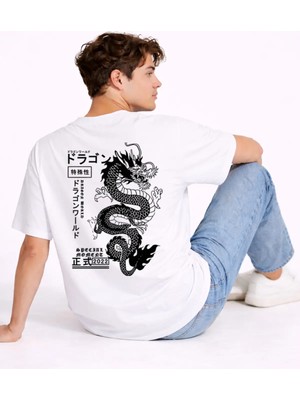 Mondschein Oversize Erkek Tişört Arkası Baskılı Dragon Japon Style Streetwear Beyaz Grafik