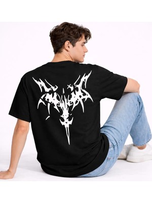 Mondschein Oversize Erkek Tişört Arkası Baskılı Streetwear Siyah Grafik Back Print Unisex T-Shirt