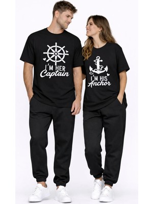 Mondschein Sevgili Kombini Oversize Çift Tişört Unisex Captain Anchor Baskılı Matching Couple Partner 2'li Set