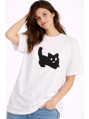 Mondschein Unisex Oversize Tişört Kedi Baskılı Minimal Tasarım %100 Pamuk