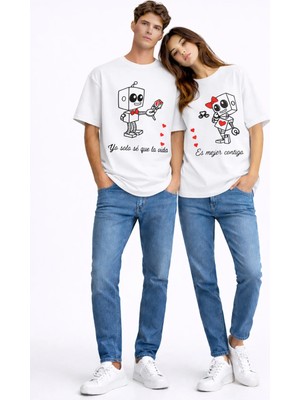 Mondschein Sevgili Kombini Robot Baskılı Çift Tişört Oversize Unisex Partner Kombin Seti