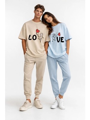 Mondschein Sevgili Kombini Love Baskılı Çift Tişört Oversize Unisex Partner Kombin Seti