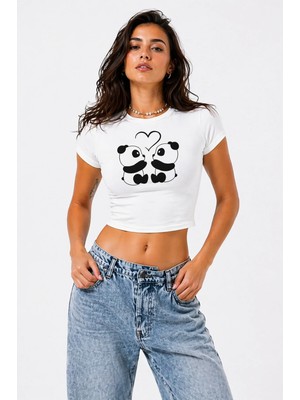 Mondschein Kadın Baby Tee Crop Tişört Sevimli Panda Baskılı Slim Fit %100 Pamuk Trend