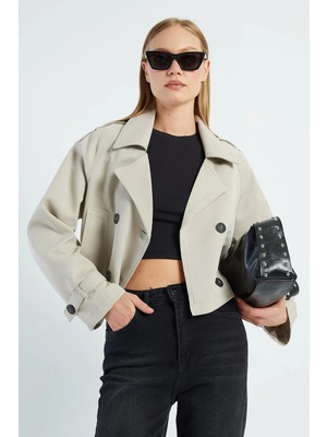 FullaModa Kruvaze Yaka Çift Cepli Crop Trençkot