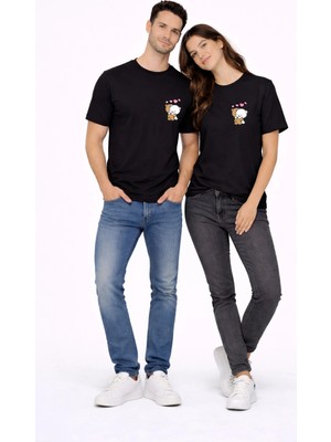 Mondschein Sevgili Kombini Minimal Ayıcık Kalp Baskılı Çift Tişört Oversize Unisex 2’li Set