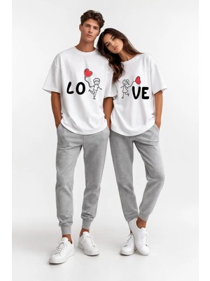 Mondschein Sevgili Kombini Love Baskılı Çift Tişört Oversize Unisex Partner Kombin Seti