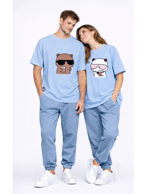 Mondschein Sevgili Kombini Çift Tişört Panda Baskılı Oversize Unisex Çift Kombin Sevimli Çift Tişört Seti