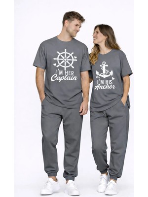 Mondschein Sevgili Kombini Oversize Çift Tişört Unisex Captain Anchor Baskılı Matching Couple Partner 2'li Set
