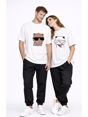 Mondschein Sevgili Kombini Çift Tişört Panda Baskılı Oversize Unisex Çift Kombin Sevimli Çift Tişört Seti