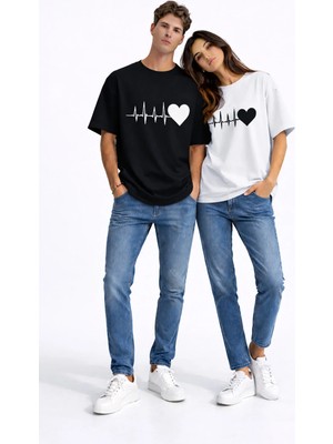 Mondschein Sevgili Kombini Kalp Ritmi Baskılı Çift Tişört Oversize Unisex Partner Kombin Çift Seti