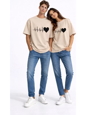Mondschein Sevgili Kombini Kalp Ritmi Baskılı Çift Tişört Oversize Unisex Partner Kombin Çift Seti