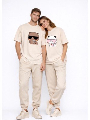 Mondschein Sevgili Kombini Panda Bardak Baskılı Çift Tişört Oversize Unisex Partner Kombin Çift Seti Hediye