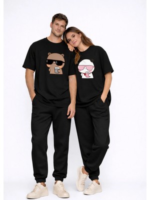 Mondschein Sevgili Kombini Panda Bardak Baskılı Çift Tişört Oversize Unisex Partner Kombin Çift Seti Hediye