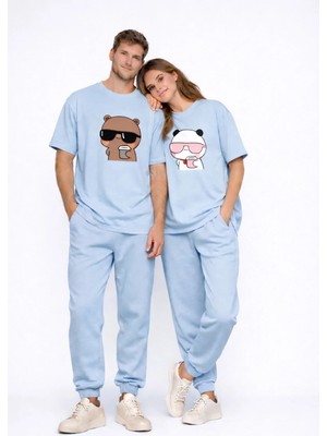 Mondschein Sevgili Kombini Panda Bardak Baskılı Çift Tişört Oversize Unisex Partner Kombin Çift Seti Hediye