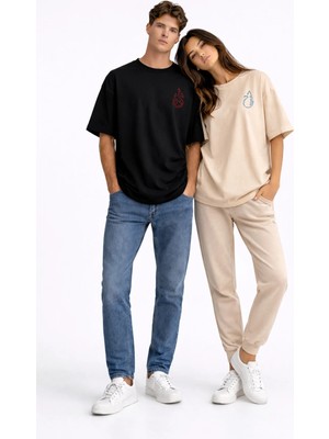 Mondschein Sevgili Kombini Ateş Su Minimal Çift Tişört Oversize Unisex Partner Kombin Seti