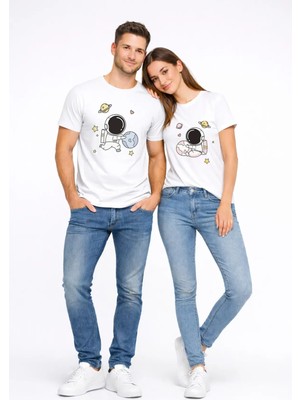 Mondschein Sevgili Kombini Astronot Baskılı Çift Tişört Oversize Unisex Partner Tişört 2’li Set