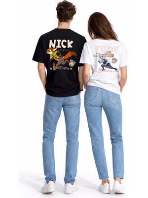 Mondschein Sevgili Kombini Crazy Animal Baskılı Çift Tişört Oversize Unisex Çift Kombin Karikatür Çift Set