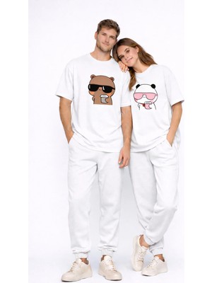 Mondschein Sevgili Kombini Panda Bardak Baskılı Çift Tişört Oversize Unisex Partner Kombin Çift Seti Hediye