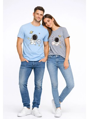 Mondschein Sevgili Kombini Astronot Baskılı Çift Tişört Oversize Unisex Partner Tişört 2’li Set