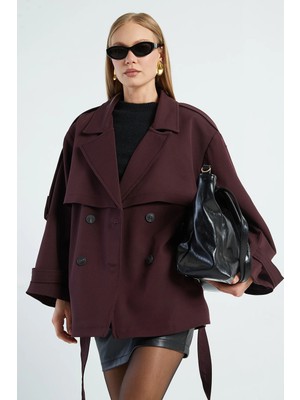 FullaModa Beli Kemerli Kruvaze Yaka Oversize Trençkot