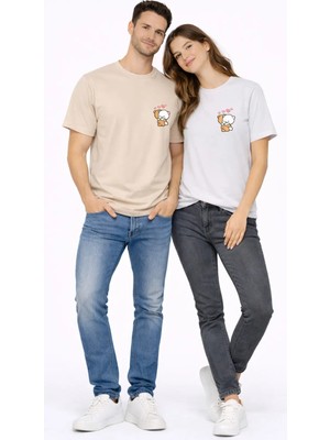 Mondschein Sevgili Kombini Minimal Ayıcık Kalp Baskılı Çift Tişört Oversize Unisex 2’li Set