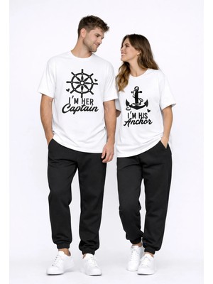 Mondschein Sevgili Kombini Oversize Çift Tişört Unisex Captain Anchor Baskılı Matching Couple Partner 2'li Set