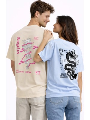 Mondschein Sevgili Kombini Dragon Baskılı Çift Tişört Oversize Unisex Street Partner Kombin Seti